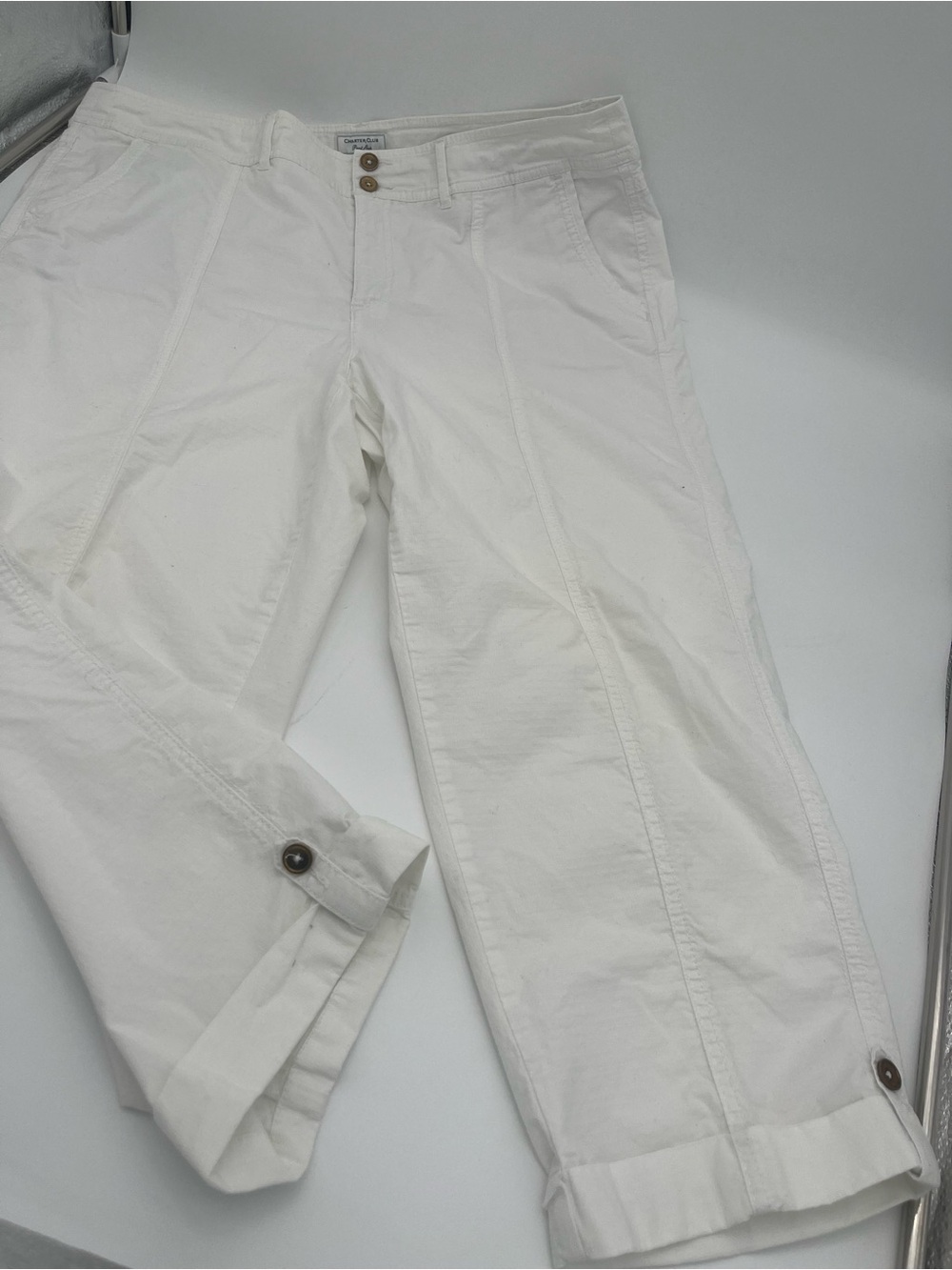 Charter Club Classic Fit White Button-Cuff Crop Capri Cotton Casual Pants 16